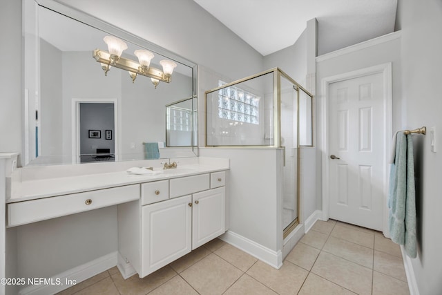 6542 Burnham Cir, Ponte Vedra Beach, FL 32082 - full bathroom featuring vanity, a shower stall, tile patterned floors, a chandelier, and baseboards