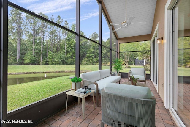 1327 Castle Pines Cir, Saint Augustine, FL 32092 - sunroom featuring a ceiling fan, an outdoor living space, a water view, and lofted ceiling