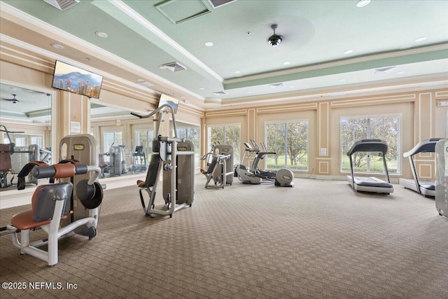 1327 Castle Pines Cir, Saint Augustine, FL 32092 - exercise room featuring ornamental molding, a raised ceiling, carpet floors, and recessed lighting