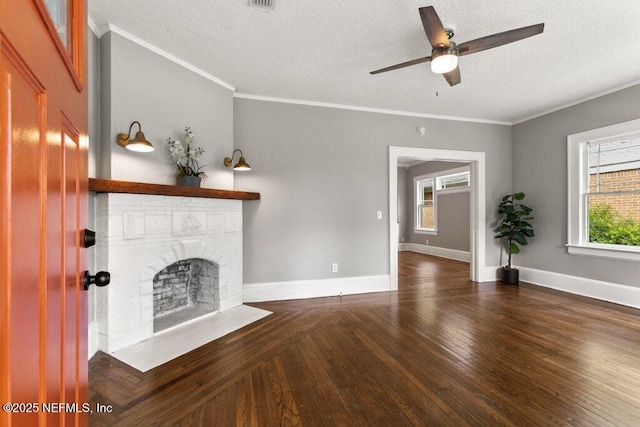 1032 Ingleside Ave, Jacksonville, FL 32205 - unfurnished living room with ceiling fan, a fireplace with flush hearth, a textured ceiling, crown molding, and wood finished floors