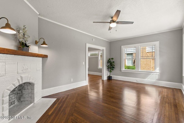 1032 Ingleside Ave, Jacksonville, FL 32205 - unfurnished living room with a ceiling fan, crown molding, a textured ceiling, wood finished floors, and a fireplace with flush hearth