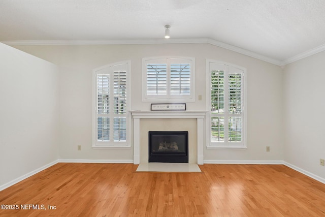 2002 Knottingham Trace Ln, Jacksonville, FL 32246 - unfurnished living room with light wood finished floors, ornamental molding, a fireplace with flush hearth, and vaulted ceiling