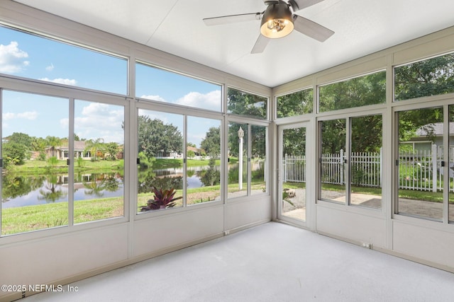 2002 Knottingham Trace Ln, Jacksonville, FL 32246 - unfurnished sunroom featuring a water view and ceiling fan