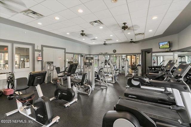2144 S Sorrento Hills Rd, Saint Augustine, FL 32092 - gym featuring a ceiling fan and a paneled ceiling
