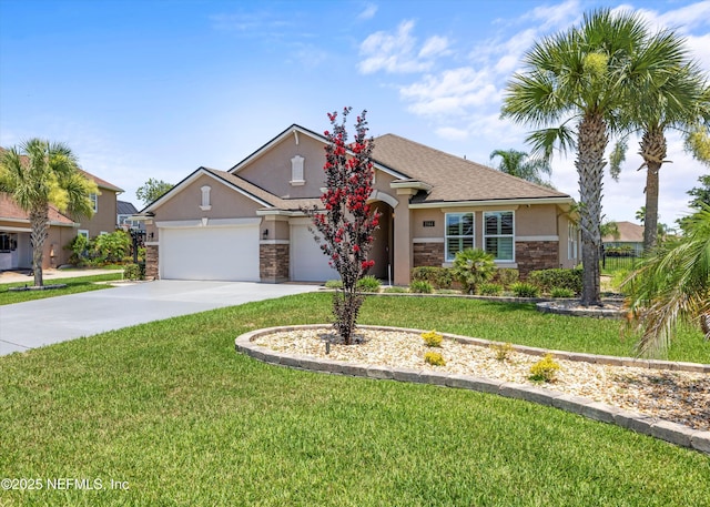 2144 S Sorrento Hills Rd, Saint Augustine, FL 32092 - view of front of home featuring stucco siding, concrete driveway, a garage, stone siding, and a front yard