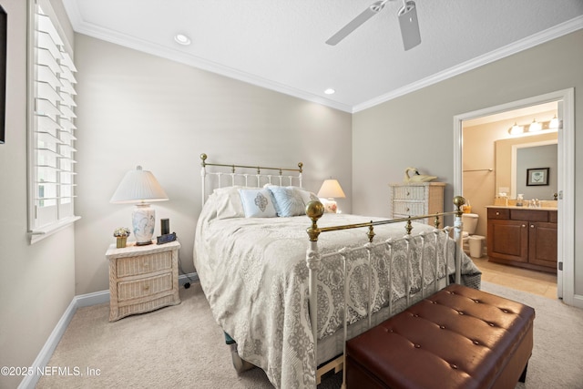 2144 S Sorrento Hills Rd, Saint Augustine, FL 32092 - bedroom featuring light carpet, ornamental molding, ensuite bath, ceiling fan, and recessed lighting
