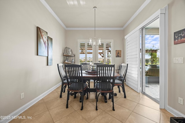 2144 S Sorrento Hills Rd, Saint Augustine, FL 32092 - dining space featuring healthy amount of natural light, crown molding, light tile patterned floors, and a chandelier