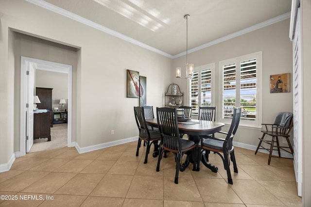 2144 S Sorrento Hills Rd, Saint Augustine, FL 32092 - dining space with crown molding, light tile patterned floors, and a chandelier