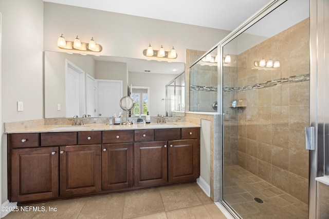 2144 S Sorrento Hills Rd, Saint Augustine, FL 32092 - bathroom with double vanity, a stall shower, and tile patterned floors