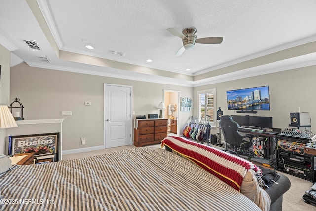 2144 S Sorrento Hills Rd, Saint Augustine, FL 32092 - bedroom featuring a tray ceiling, carpet, crown molding, ceiling fan, and recessed lighting
