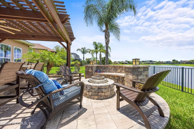 2144 S Sorrento Hills Rd, Saint Augustine, FL 32092 - view of patio with an outdoor fire pit, a pergola, and a water view