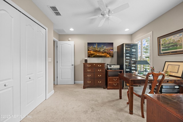 2144 S Sorrento Hills Rd, Saint Augustine, FL 32092 - home office with light colored carpet, ceiling fan, and recessed lighting