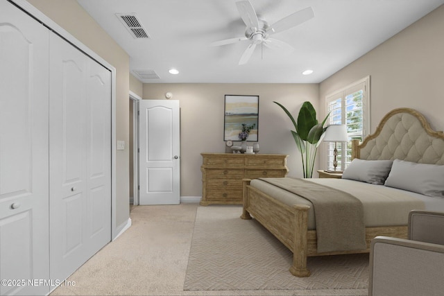 2144 S Sorrento Hills Rd, Saint Augustine, FL 32092 - bedroom featuring light colored carpet, a closet, a ceiling fan, and recessed lighting