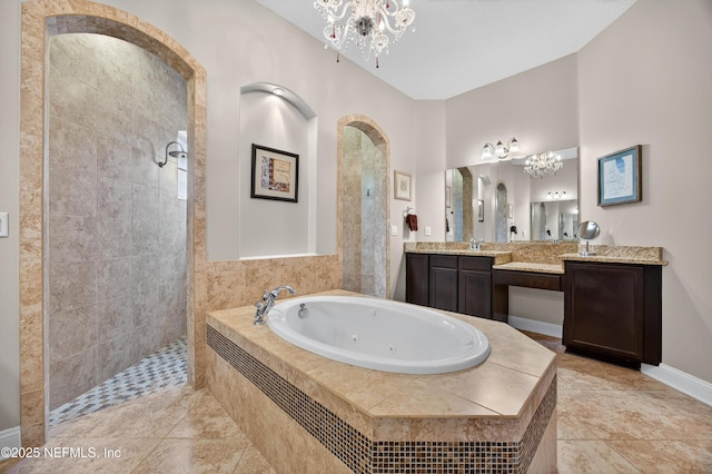 2148 S Sorrento Hills Rd, Saint Augustine, FL 32092 - full bathroom with a whirlpool tub, vanity, walk in shower, and a chandelier