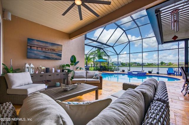 2148 S Sorrento Hills Rd, Saint Augustine, FL 32092 - view of patio / terrace with outdoor lounge area, a pool with connected hot tub, a ceiling fan, and a lanai