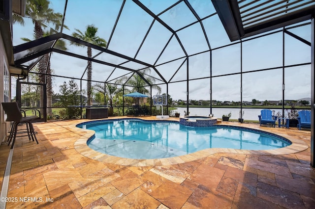2148 S Sorrento Hills Rd, Saint Augustine, FL 32092 - view of swimming pool featuring a pool with connected hot tub, a patio, a lanai, and a water view