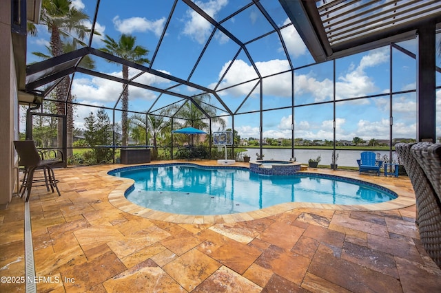 2148 S Sorrento Hills Rd, Saint Augustine, FL 32092 - view of pool featuring a patio area, a pool with connected hot tub, glass enclosure, and a water view