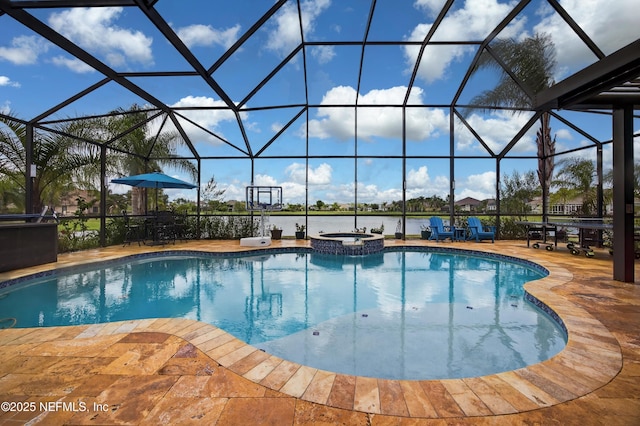 2148 S Sorrento Hills Rd, Saint Augustine, FL 32092 - view of pool with a patio, a pool with connected hot tub, glass enclosure, and a water view