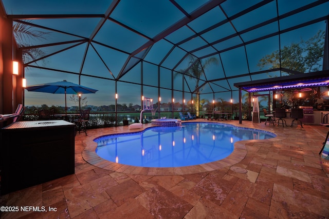 2148 S Sorrento Hills Rd, Saint Augustine, FL 32092 - view of swimming pool with a patio, a pool with connected hot tub, and glass enclosure