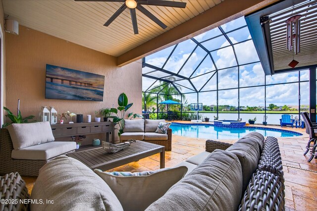 2148 S Sorrento Hills Rd, Saint Augustine, FL 32092 - view of patio featuring outdoor lounge area, a pool with connected hot tub, ceiling fan, and glass enclosure