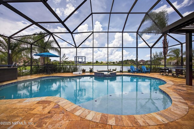 2148 S Sorrento Hills Rd, Saint Augustine, FL 32092 - view of pool featuring a pool with connected hot tub, a patio area, glass enclosure, and a water view