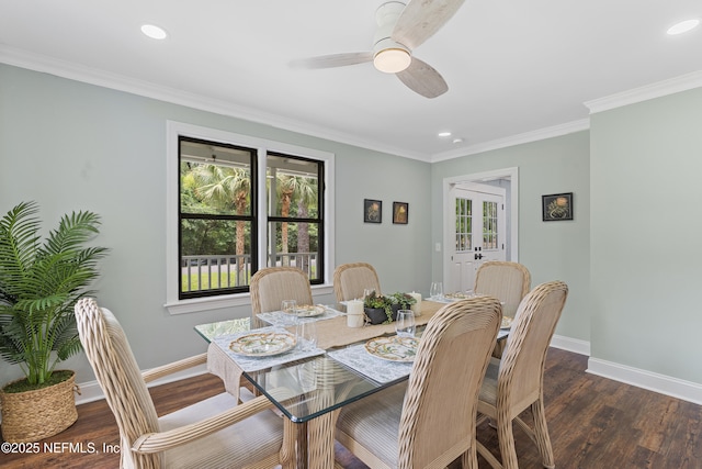 1381 Forrest Dr, Fernandina Beach, FL 32034 - dining area featuring plenty of natural light, dark wood finished floors, baseboards, recessed lighting, and ornamental molding