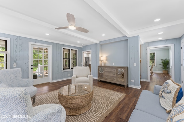 1381 Forrest Dr, Fernandina Beach, FL 32034 - living room with beamed ceiling, wood finished floors, baseboards, and ceiling fan