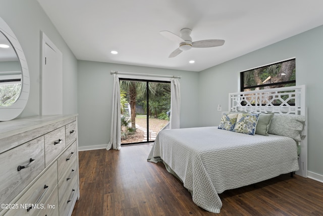 1381 Forrest Dr, Fernandina Beach, FL 32034 - bedroom with access to outside, baseboards, dark wood-style floors, recessed lighting, and a ceiling fan