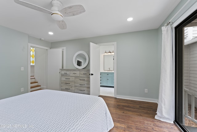 1381 Forrest Dr, Fernandina Beach, FL 32034 - bedroom with dark wood finished floors, recessed lighting, baseboards, a ceiling fan, and ensuite bath