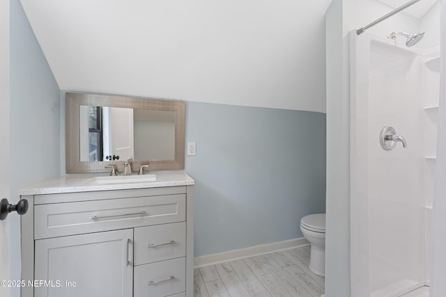 1381 Forrest Dr, Fernandina Beach, FL 32034 - bathroom with toilet, baseboards, vanity, a shower, and lofted ceiling