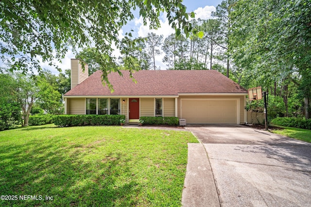 10571 Fox Squirrel Ct, Jacksonville, FL 32257 - view of front of home featuring concrete driveway, an attached garage, a front lawn, and a chimney