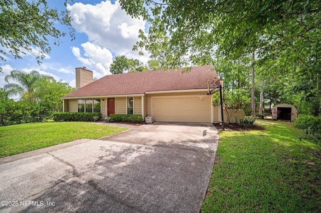 10571 Fox Squirrel Ct, Jacksonville, FL 32257 - ranch-style house featuring an attached garage, a front lawn, driveway, and a chimney