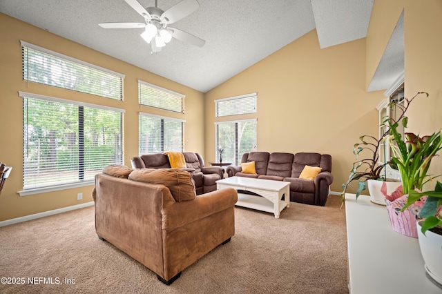 10571 Fox Squirrel Ct, Jacksonville, FL 32257 - living room featuring light carpet, plenty of natural light, ceiling fan, a textured ceiling, and high vaulted ceiling