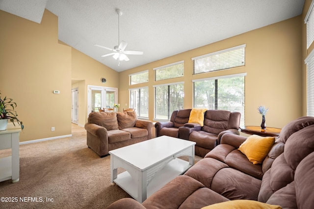 10571 Fox Squirrel Ct, Jacksonville, FL 32257 - living area featuring high vaulted ceiling, light colored carpet, a ceiling fan, and a textured ceiling