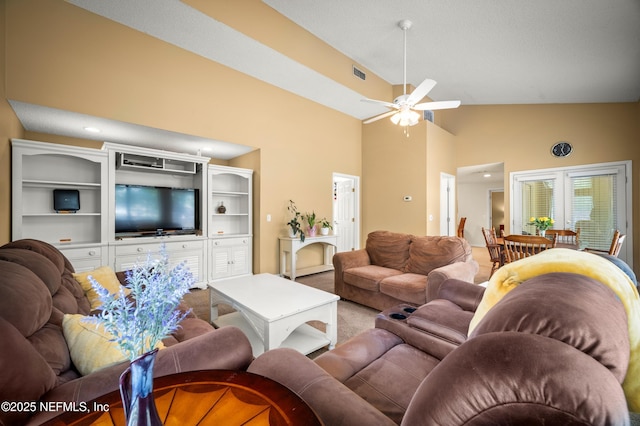 10571 Fox Squirrel Ct, Jacksonville, FL 32257 - carpeted living area featuring ceiling fan and high vaulted ceiling