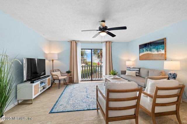 3145 Coastal Hwy Unit 1162, Saint Augustine, FL 32084 - living area with a ceiling fan, a textured ceiling, and baseboards