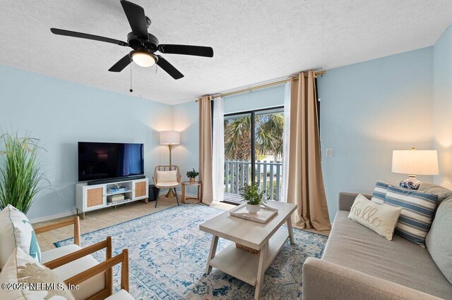3145 Coastal Hwy Unit 1162, Saint Augustine, FL 32084 - living room with a textured ceiling, ceiling fan, and baseboards