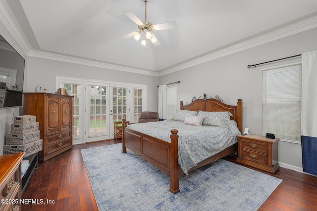 1766 Buttonbush Way, Fleming Island, FL 32003 - bedroom featuring access to outside, french doors, dark wood finished floors, vaulted ceiling, and a ceiling fan