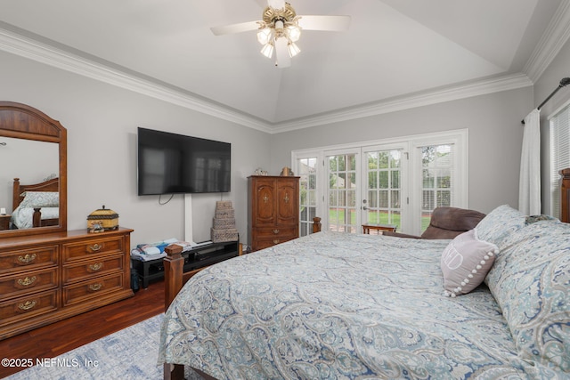1766 Buttonbush Way, Fleming Island, FL 32003 - bedroom with access to outside, lofted ceiling, dark wood-type flooring, crown molding, and french doors