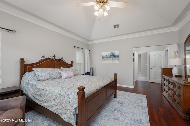 1766 Buttonbush Way, Fleming Island, FL 32003 - bedroom with high vaulted ceiling, dark wood-style flooring, ceiling fan, and crown molding