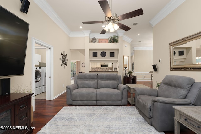 1766 Buttonbush Way, Fleming Island, FL 32003 - living area featuring washer / clothes dryer, a ceiling fan, crown molding, wood finished floors, and recessed lighting