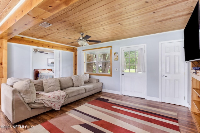 97150 Caravel Trl, Yulee, FL 32097 - living room with wood finished floors, wooden ceiling, ceiling fan, and baseboards