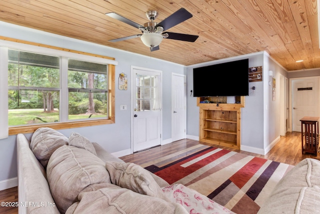97150 Caravel Trl, Yulee, FL 32097 - living area featuring wooden ceiling, a ceiling fan, wood finished floors, and baseboards