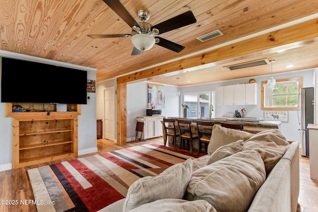 97150 Caravel Trl, Yulee, FL 32097 - living area with wooden ceiling, light wood-style flooring, healthy amount of natural light, ceiling fan, and baseboards