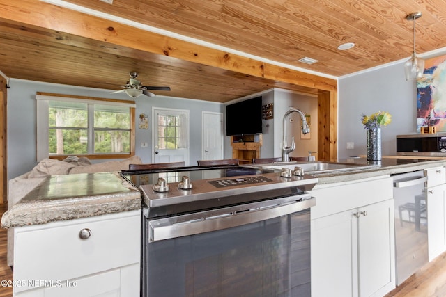 97150 Caravel Trl, Yulee, FL 32097 - kitchen with appliances with stainless steel finishes, open floor plan, wood ceiling, a sink, and white cabinets