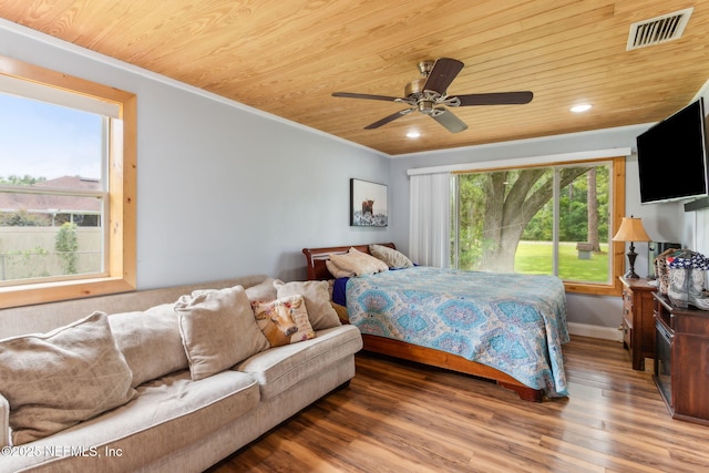 97150 Caravel Trl, Yulee, FL 32097 - bedroom with wooden ceiling, wood finished floors, ornamental molding, recessed lighting, and a ceiling fan