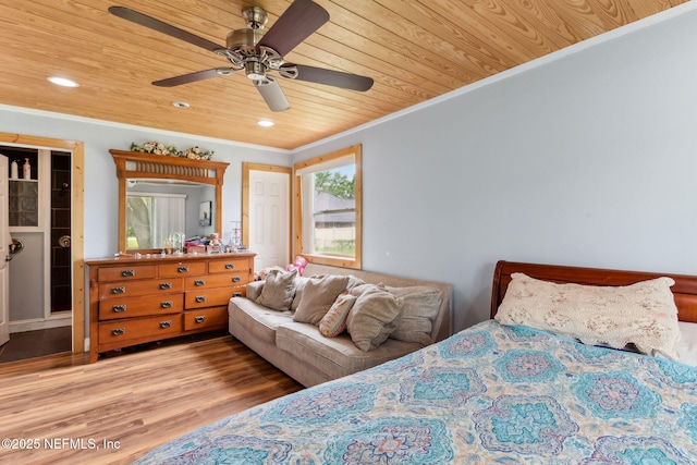 97150 Caravel Trl, Yulee, FL 32097 - bedroom with crown molding, wood finished floors, wooden ceiling, recessed lighting, and ceiling fan