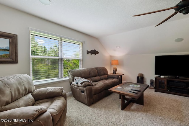 46 Gabacho Ct, Saint Augustine, FL 32095 - living room featuring a ceiling fan, carpet, and vaulted ceiling