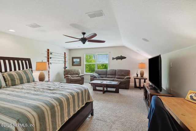 46 Gabacho Ct, Saint Augustine, FL 32095 - bedroom featuring light carpet, ceiling fan, lofted ceiling, and a textured ceiling