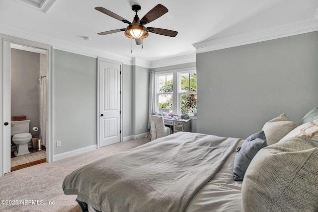 532 Atlantic Beach Ct, Atlantic Beach, FL 32233 - bedroom featuring carpet flooring, ornamental molding, ensuite bath, and ceiling fan